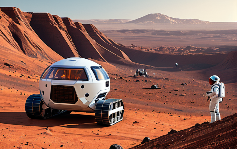 Martian Habitat Construction**
"Futuristic construction site on Mars, featuring robots using 3D printers to build a habitat from Martian regolith. Astronauts in fully clothed spacesuits monitor the progress. Red planet landscape in the background. Safe for work, appropriate content, fully clothed, professional, perfect anatomy, correct proportions, natural pose, high quality rendering, family-friendly."
**