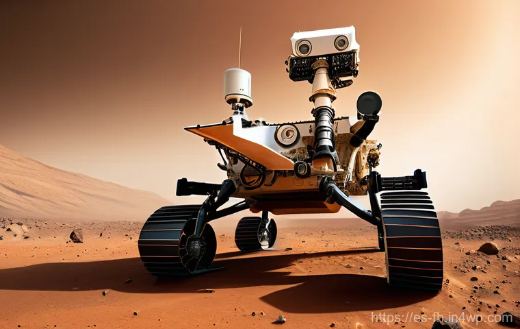 화성 탐사 로버의 전력 관리 기술 - **Prompt:** "A highly detailed, realistic image of a solar-powered Mars rover, reminiscent of Spirit...