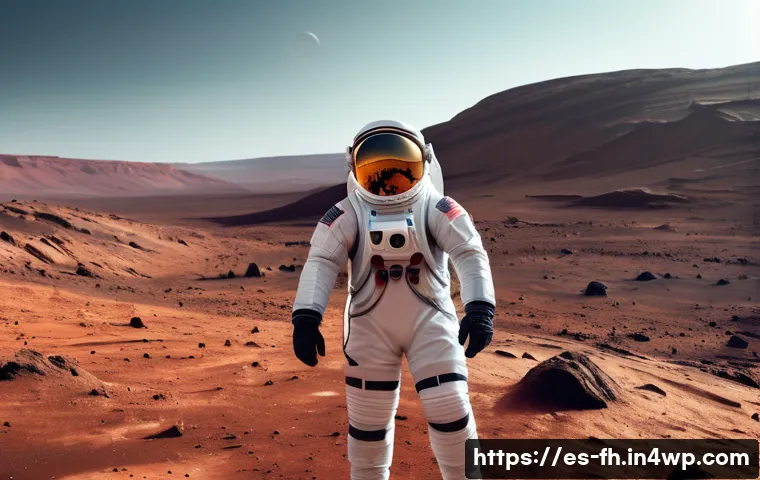 화성 탐사 임무의 위험 요소 분석 - A detailed scene showing astronauts on Mars wearing advanced protective space suits equipped with ra...