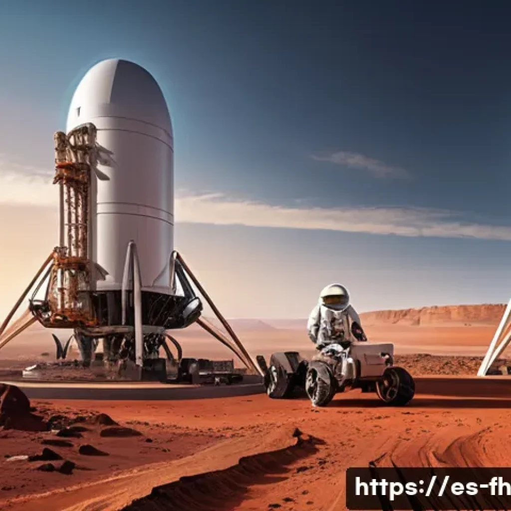 화성 탐사선을 위한 연료 기술 - A futuristic Mars colony launch site at sunset, showcasing advanced hybrid rocket engines combining ...