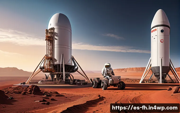 화성 탐사선을 위한 연료 기술 - A futuristic Mars colony launch site at sunset, showcasing advanced hybrid rocket engines combining ...