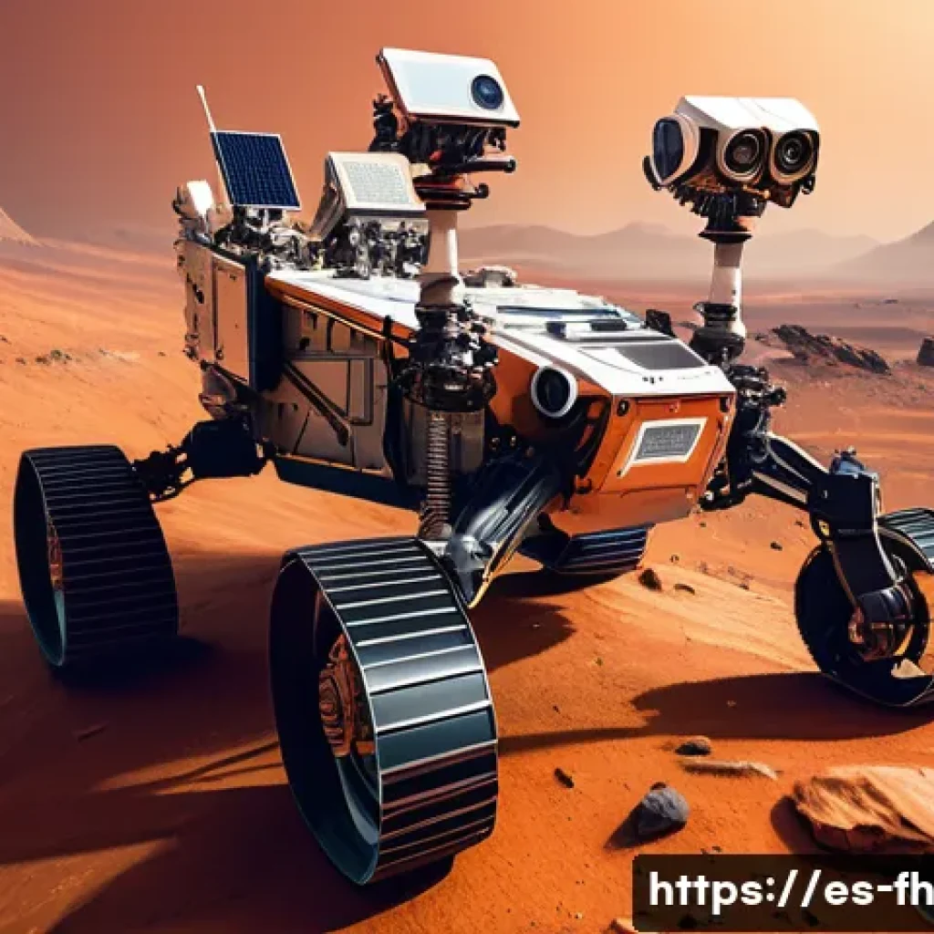 화성 탐사 기술의 발전 방향 - A highly detailed futuristic Mars rover navigating a rocky, dusty Martian landscape under a reddish-...