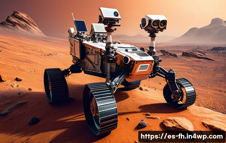 화성 탐사 기술의 발전 방향 - A highly detailed futuristic Mars rover navigating a rocky, dusty Martian landscape under a reddish-...