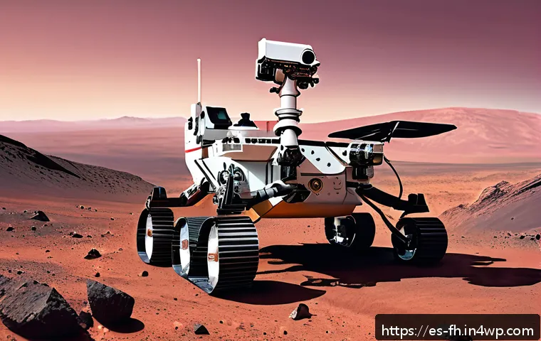 화성 탐사의 생명체 탐색 기술 - A highly detailed scene of a Mars rover equipped with advanced robotic arms and scientific instrumen...