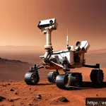 화성 탐사에서의 실시간 데이터 전송 방법 - A futuristic Mars rover equipped with advanced high-gain antennas and radiofrequency technology, pos...