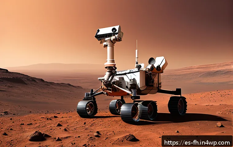 화성 탐사에서의 실시간 데이터 전송 방법 - A futuristic Mars rover equipped with advanced high-gain antennas and radiofrequency technology, pos...