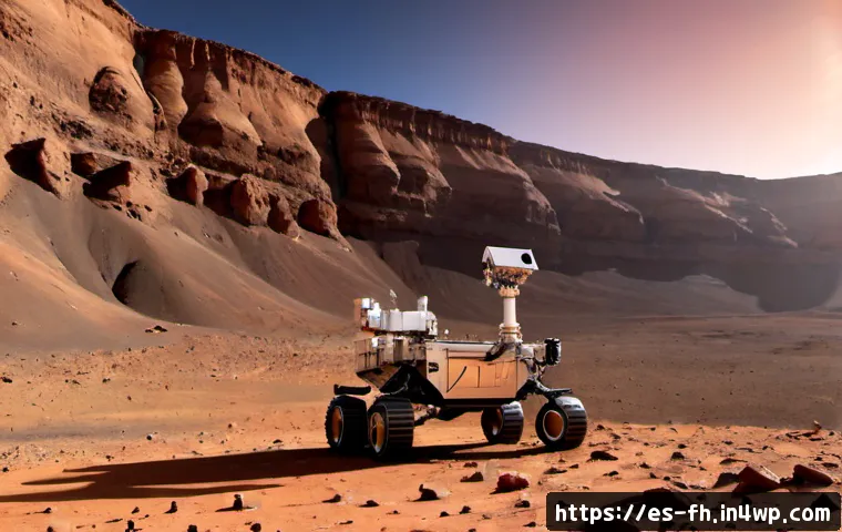 화성 탐사에서의 물리적 환경 연구 - Photorealistic Mars surface research scene, a rugged planetary rover examining layered red-rock outc...