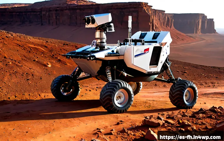 Home 17 화성 탐사 로버의 기동성 향상 기술 - Photorealistic Mars exploration rover climbing a steep field of jagged red rocks, articulated rocker...