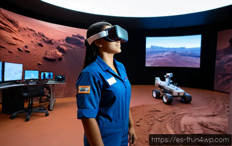 화성 탐사에서의 가상 현실 활용 - Photorealistic scene of a Hispanic aerospace engineer wearing a sleek virtual reality headset and co...